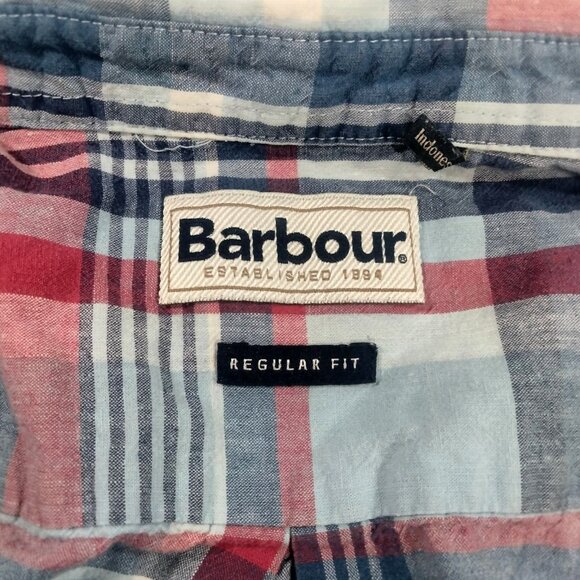 Barbour Shirt Mens XL Blue Plaid Linen Blend Button Up Short Sleeve Prep… - Picture 2 of 6